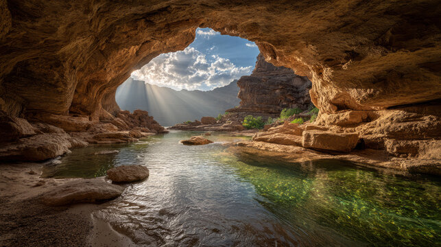 Sunlit cave oasis with crystal river
