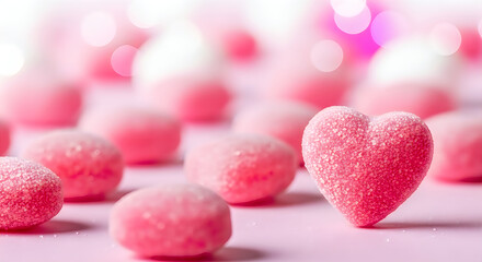 Fototapeta premium Pink heart shaped candy surrounded by sugar coated sweets on pink background with bokeh