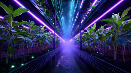 All&eacute;e de jeunes pousses en racks sous n&eacute;ons violets. Sylviculture futuriste, design industriel et culture automatis&eacute;e. Voyants verts et brume d'humidification
