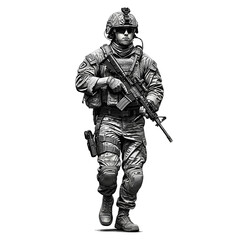 Fototapeta premium Modern Soldier in Full Combat Gear with Rifle, Walking Forward