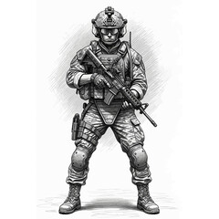Fototapeta premium Military soldier sketch, holding rifle, tactical gear, white background