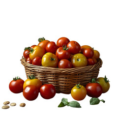 Fresh tomatoes in a wicker basket isolated on transparent background