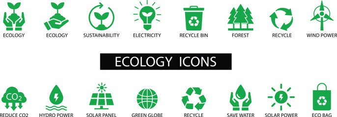 Fototapeta premium Ecology icon set. Environment, sustainability, nature, recycle, renewable energy; electric bike, eco-friendly, forest, wind power, green symbol. Solid icons vector collection.