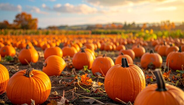 A vibrant seasonal harvest of orange pumpkins ripens in a rural field, creating a scenic autumn patch perfect for October holidays like Halloween and Thanksgiving