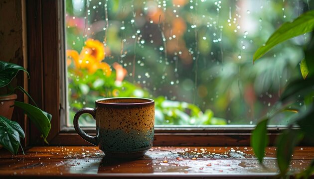 Fresh morning garden table decorated with flowers and candles featuring a hot cup of coffee and a white mug of aromatic tea for a relaxing outdoor breakfast