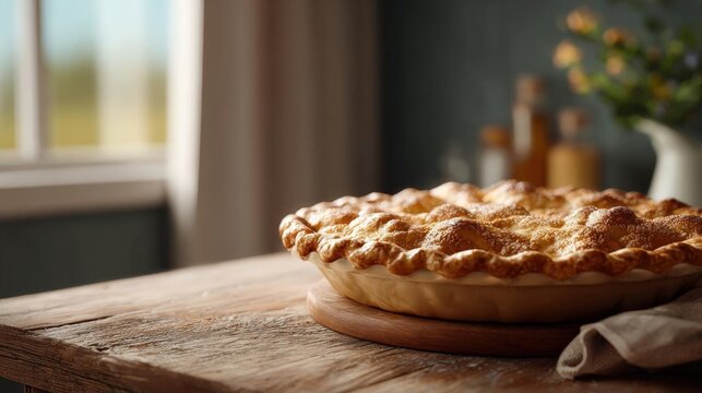 Freshly baked pie on a wooden table. the pie has a golden brown crust with a lattice-like pattern on top. it is placed on a round wooden plate with a beige cloth napkin next to it.