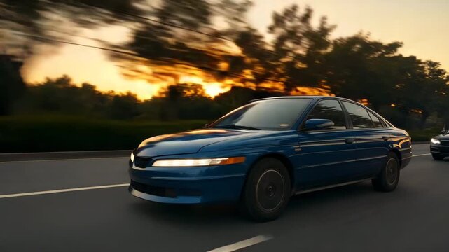 Blue sedan driving on highway at sunset with trees in background