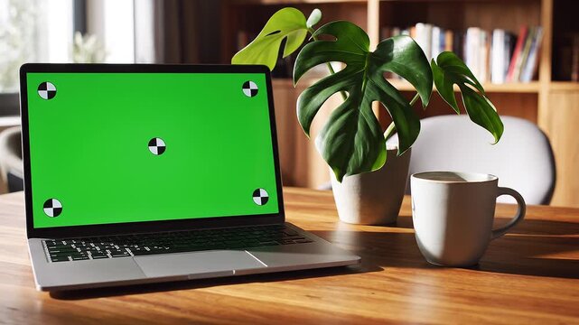 Portable computer with an editable green screen monitor, ideal for digital compositing, video editing, and custom display presentations in a modern home environment