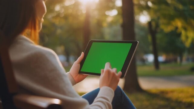 Person using a tablet computer with a green screen in a park with sunlight filtering through the trees