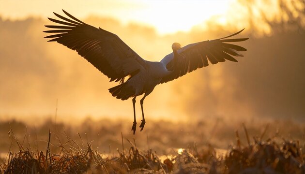 A majestic black eagle silhouette with spread wings flies through a golden sunset over a wild field, showcasing the beauty of nature and wildlife in flight against the glowing sky