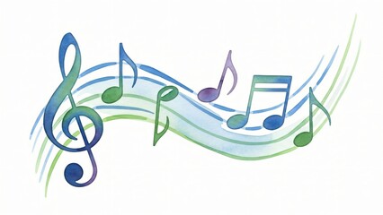 Naklejka premium Watercolor drawing of musical note with green and blue music notes on.