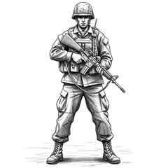 Obraz premium Soldier with rifle, military uniform, helmet, standing pose, black and white sketch
