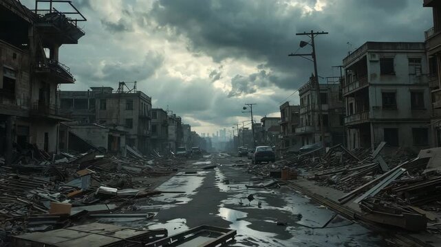 War damaged city street with collapsed buildings and debris under dark clouds