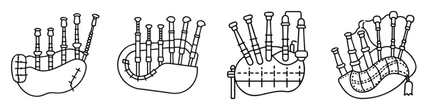 Black and white line art illustrations of various styles of bagpipes