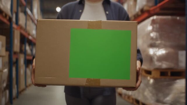 Person walking through a warehouse carrying a cardboard box with a green screen area for customization