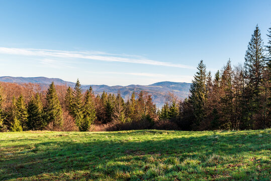 View from Czantoria Mala hill in Beskid Slaski mountains in Poland near borders with Czech republic