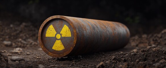 A rusted pipe whispers danger with a yellow radiation symbol in this industrial graveyard.