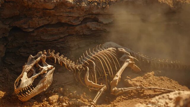 Dinosaur skeleton fossil in cave with dust and dramatic lighting