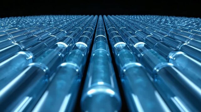 Rows of transparent cylindrical tubes arranged in parallel under blue light