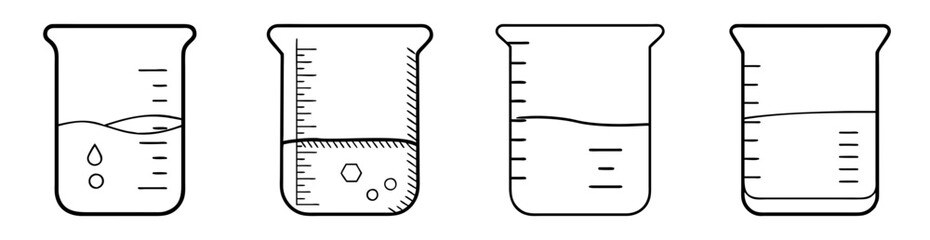 Science lab beakers with various liquid levels, measurements and contents