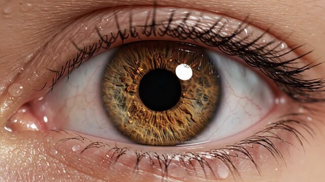 Extreme close-up of a human eye with a brown and green hazel iris, black pupil, and visible eyelashes.