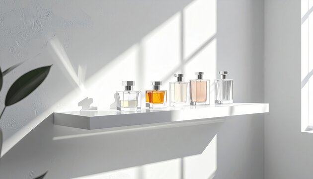 FlyPro Firefly minimalist glass flacons with geometric designs elegantly arranged on a floating acrylic perfume display shelf.