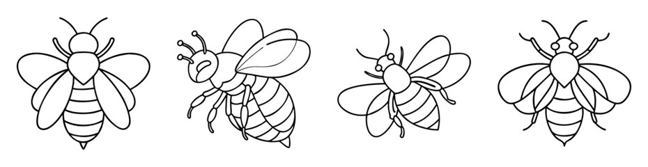 Fototapeta premium Black and white line drawing of four stylized honey bee illustrations