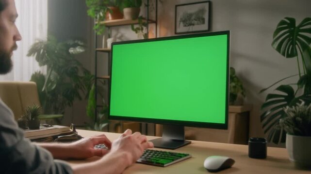 Focused man typing on keyboard, engaging with a green screen computer monitor for creative work or remote tasks in a modern home office, surrounded by plants