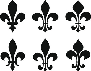 Fleur de lis symbols set, black heraldic lily emblem collection, vintage royal decorative vector illustration isolated on white background © Shilpi