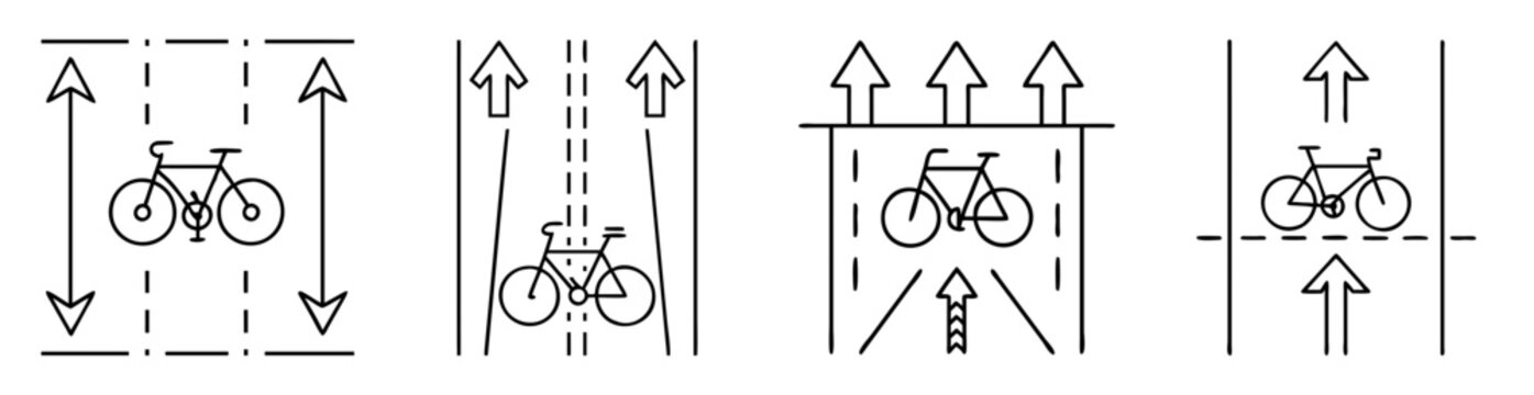 Depiction of various bicycle lane configurations with directional arrows indicating traffic flow