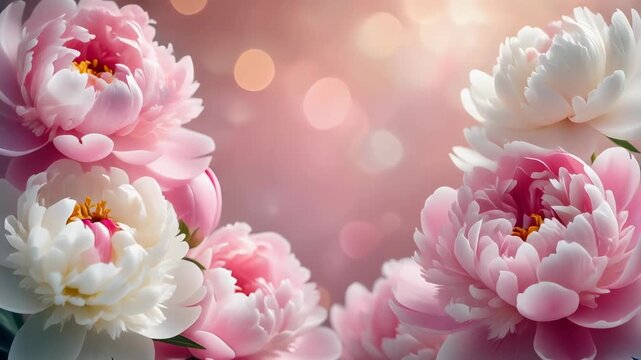 Romantic pink and white peony flowers blooming with soft pastel bokeh background