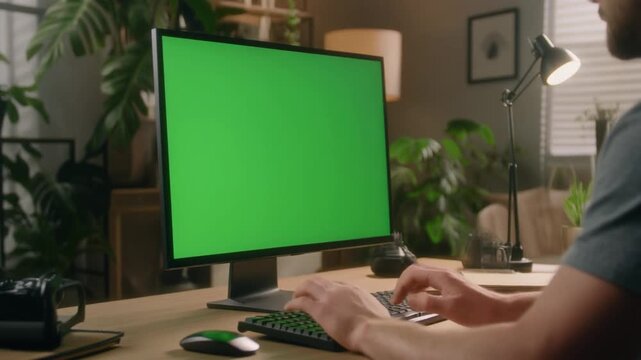 Professional engaged in productive remote work, typing on a keyboard at a modern desk with a green screen monitor, ideal for digital content creation and virtual applications