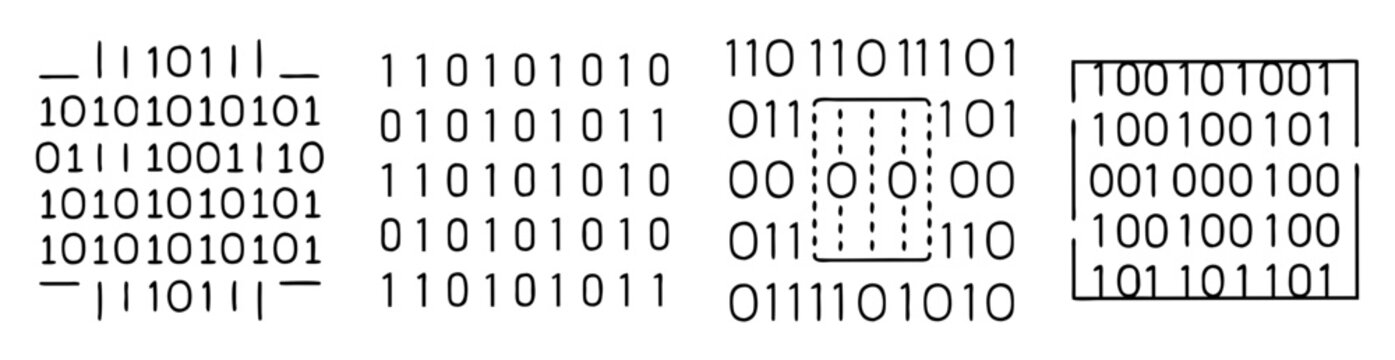 Black and white image showing various arrangements of binary code on a white background