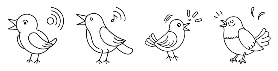 Four different outlined birds singing and producing different forms of musical notes