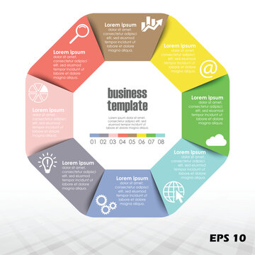 8-Step Octagonal Business Infographic Template. Vector Illustration of a Circular Process Diagram with Professional Icons and Descriptive Text Placeholders