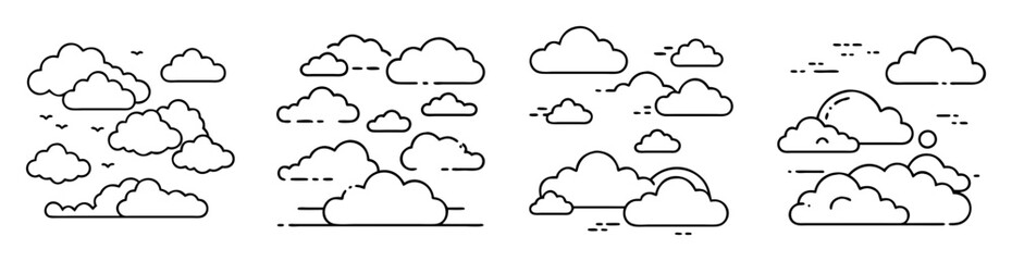 Collection of stylized cloud shapes in black outlines with various accents