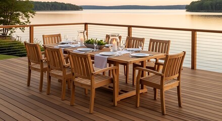 A beautiful outdoor dining set made from natural, weather-resistant Grade A teak wood, including a large rectangular table and eight matching slat-back armchairs.
