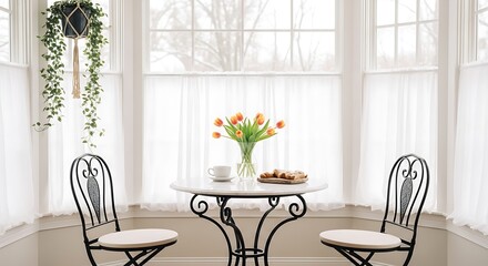 A charming, small round bistro table with a white marble top and a scrolled wrought iron base. It is set with two matching chairs in a sun-drenched breakfast nook with large bay windows.