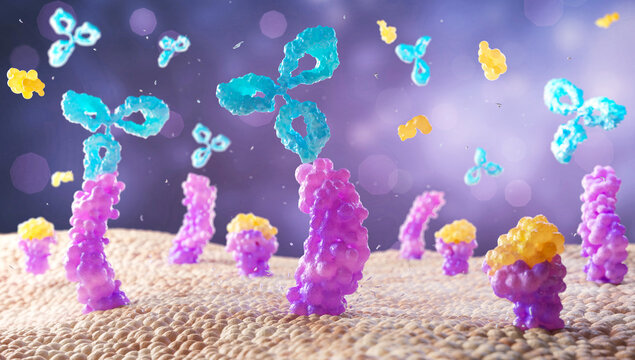 Antibodies attack a cancer cell or Virus, 3d illustration.