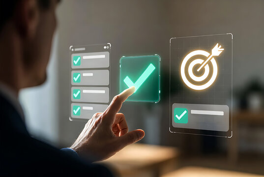 Task Validation Interface &mdash; Executive Interacting with Holographic Green Check, Target, and Document Icons for Project Approval Workflow
