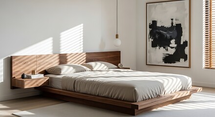 A low-profile platform bed made from natural solid walnut wood with a simple, clean-lined headboard that integrates small floating nightstands.