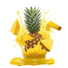 Fresh pineapple splashing juice with slices isolated on transparent background