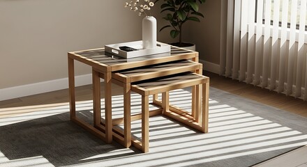 A set of three minimalist nesting coffee tables made from smoked oak and tempered glass.