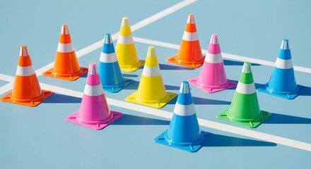 Multicolored traffic cones on blue surface with white lines