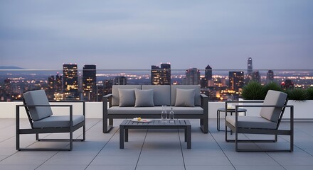 A sleek, minimalist outdoor lounge set made from powder-coated aluminum in a matte charcoal grey, with clean, sharp lines.