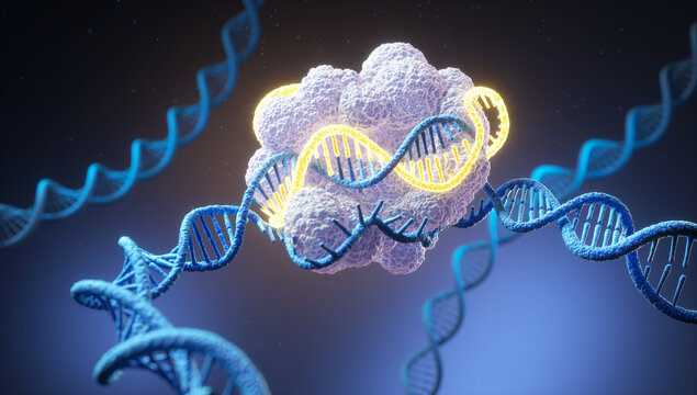 3D illustration of CRISPR-Cas9 protein complex gene editing system cutting a DNA strand, genetic engineering concept.