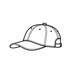 A simple black and white line drawing of a baseball cap with a curved brim and adjustable strap. isolated on white background
