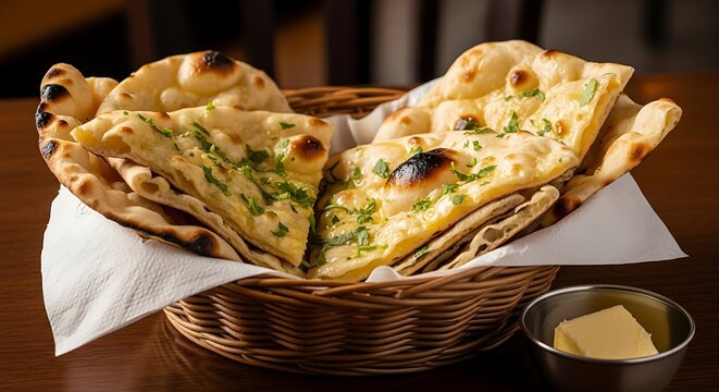 Naan bread in a wicker basket.