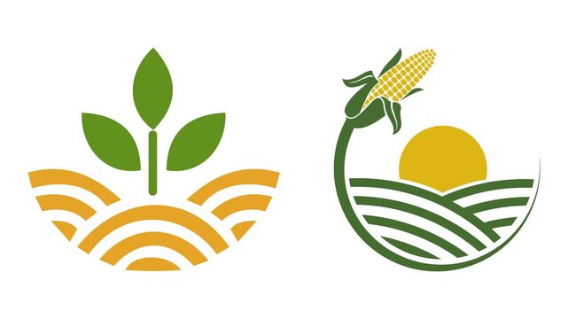 Two Stylized Agricultural Icons with Fields and Crops
