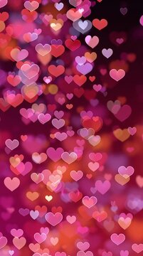 Glowing pink and red heart shapes floating upwards in dark background for valentines day